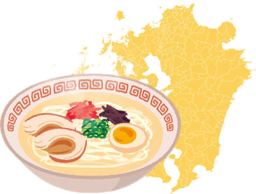 九州の地形を背景にラーメンのイラストが置かれている画像